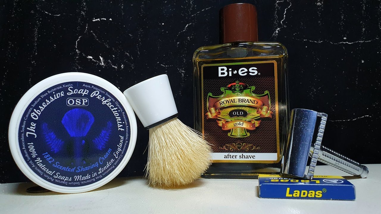 Бритьё. Т станок Алмаз, крем OSP, лезвия ЛАДАС, лосьон Bi-Es Royal Brand OLD, бюджетный помазок