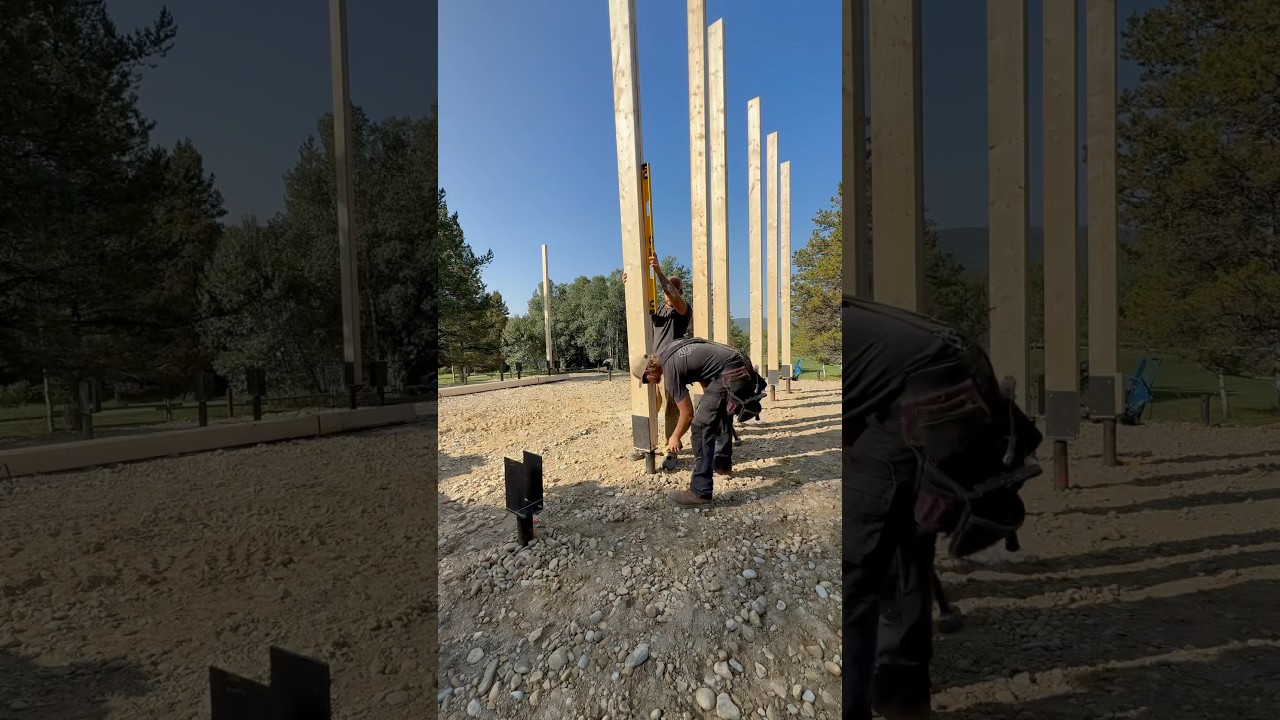 Standing posts on a fresh post frame home build on screw piles!