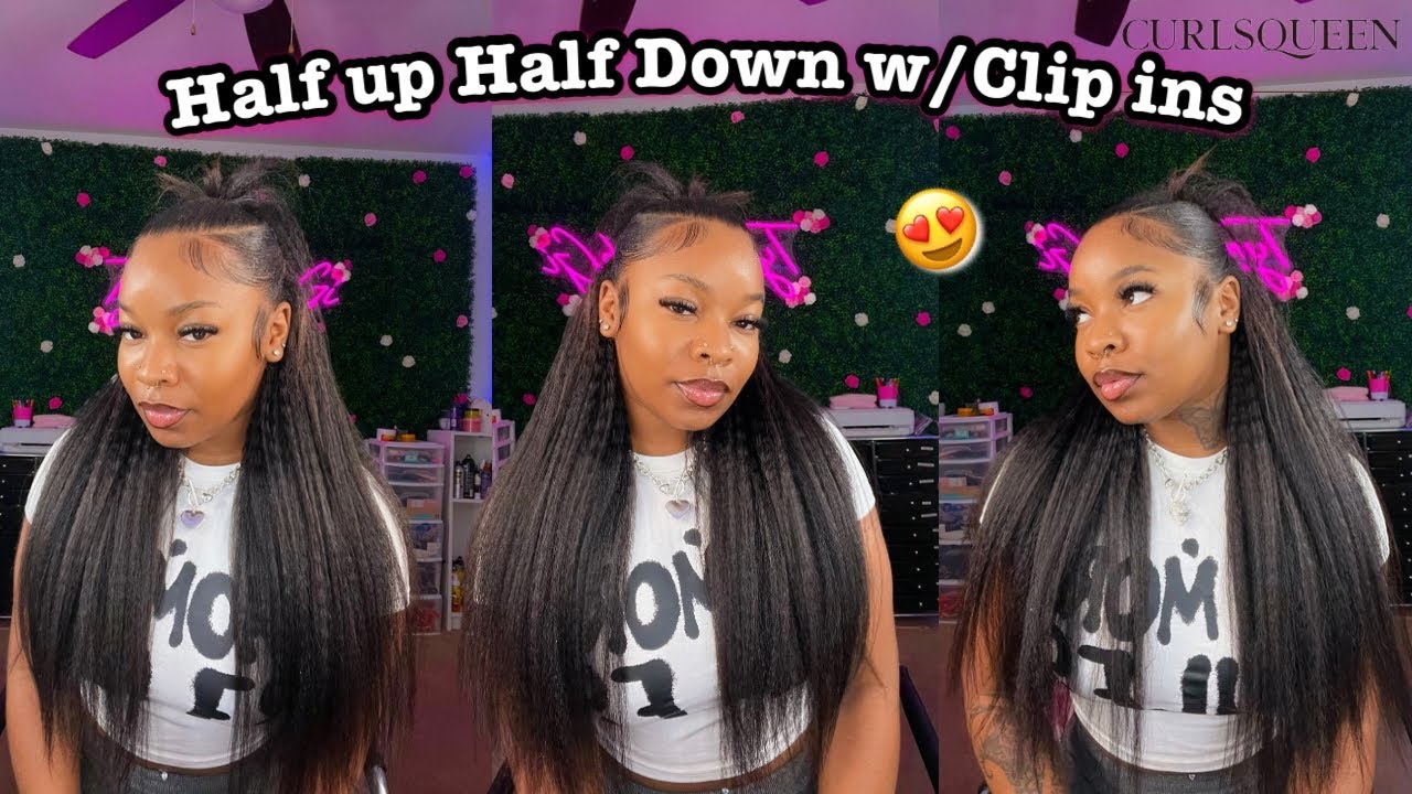 HALF UP HALF DOWN CLAW CLIP TUTORIAL USING KINKY STRAIGHT CLIP IN EXTENSIONS Ft.Curlsqueen💗