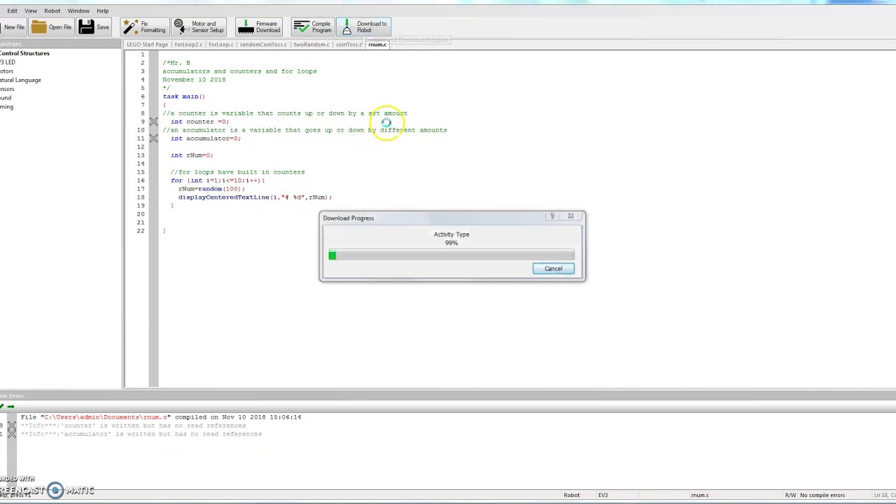 RobotC - counters, accumulators, and for loops