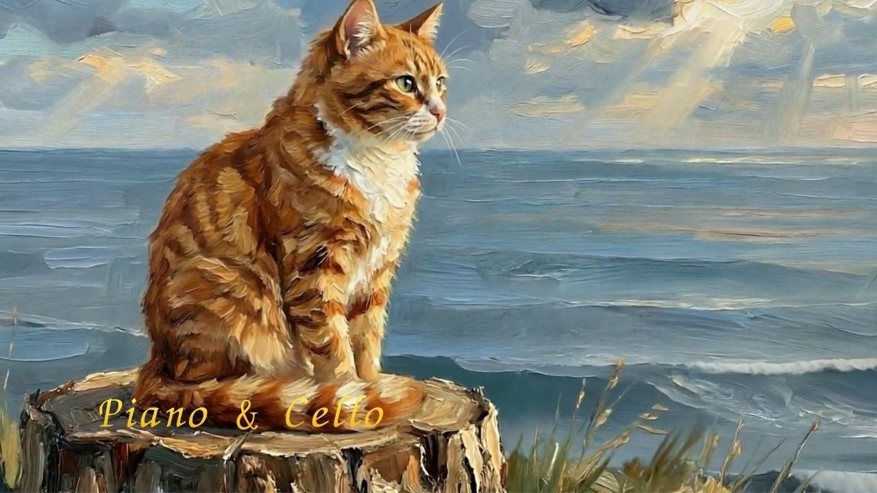 19th Century in France Cat & Girl Piano & Cello Claude Monet style Oil Paintings