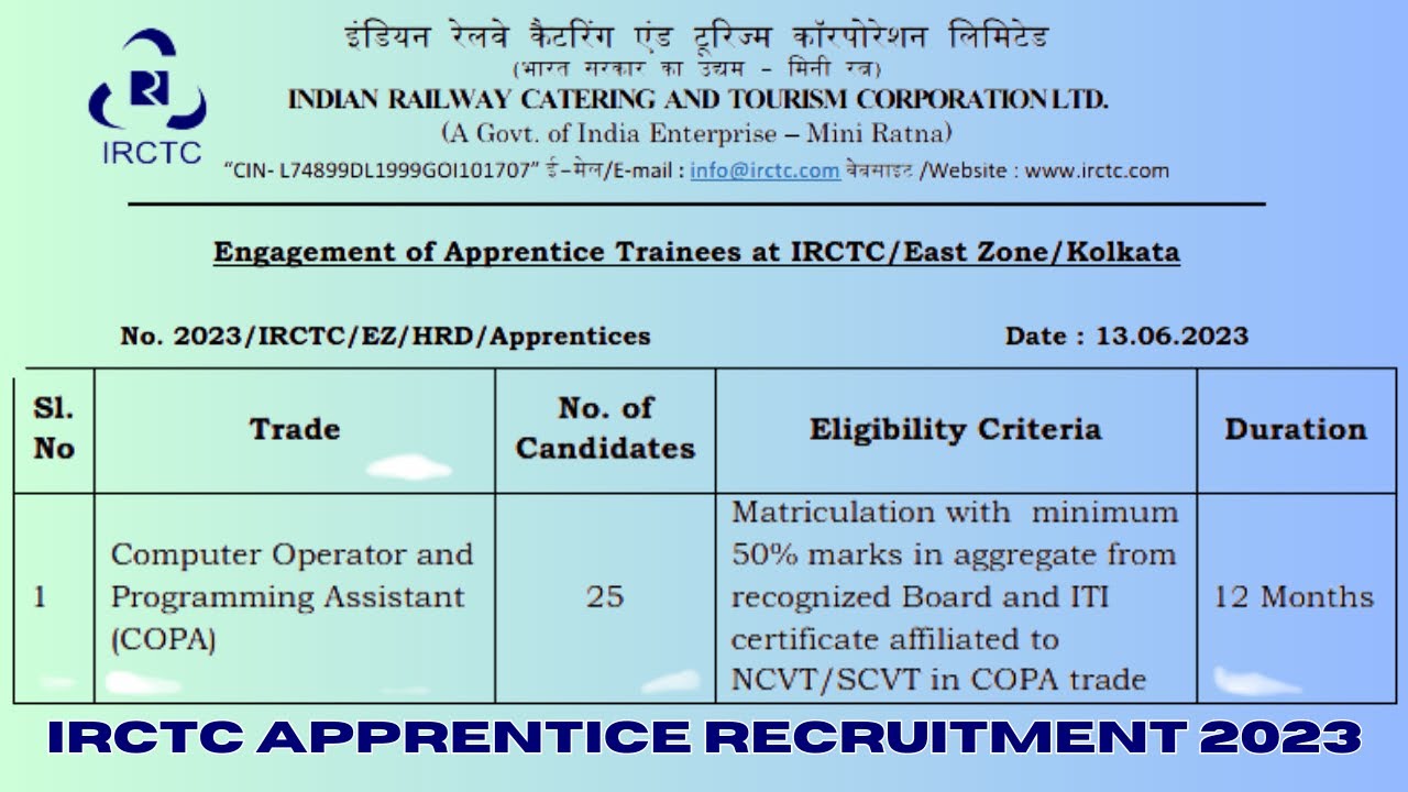 IRCTC Recruitment 2023 | ITI Latest Apprentice 2023 | ITI Latest Jobs 2023 | IRCTC/East Zone/Kolkata