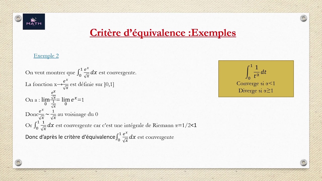 les intégrales généralisées: critère d'équivalence