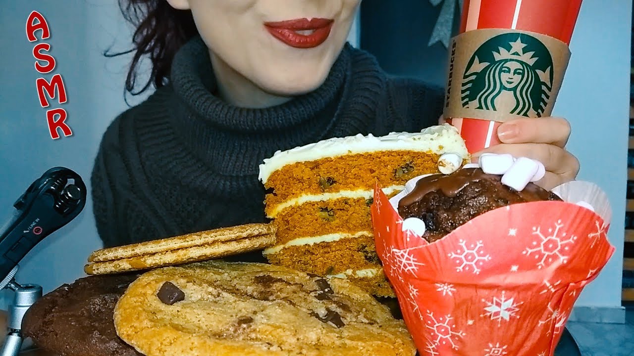 ASMR Dessert: Chocolate - Caramel Muffin, Carrot Cake & Cookies from Starbucks | Whispering
