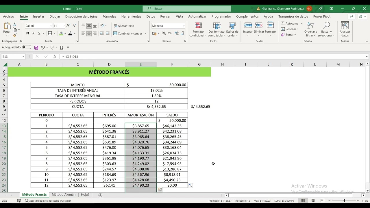 SISTEMA DE AMORTIZACIÓN EN EXCEL ( Método Francés y Alemán )