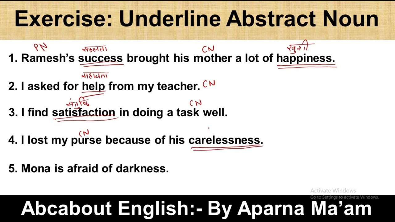 Exercise: Underline the Abstract noun | Abstract Noun practice set | English Grammar