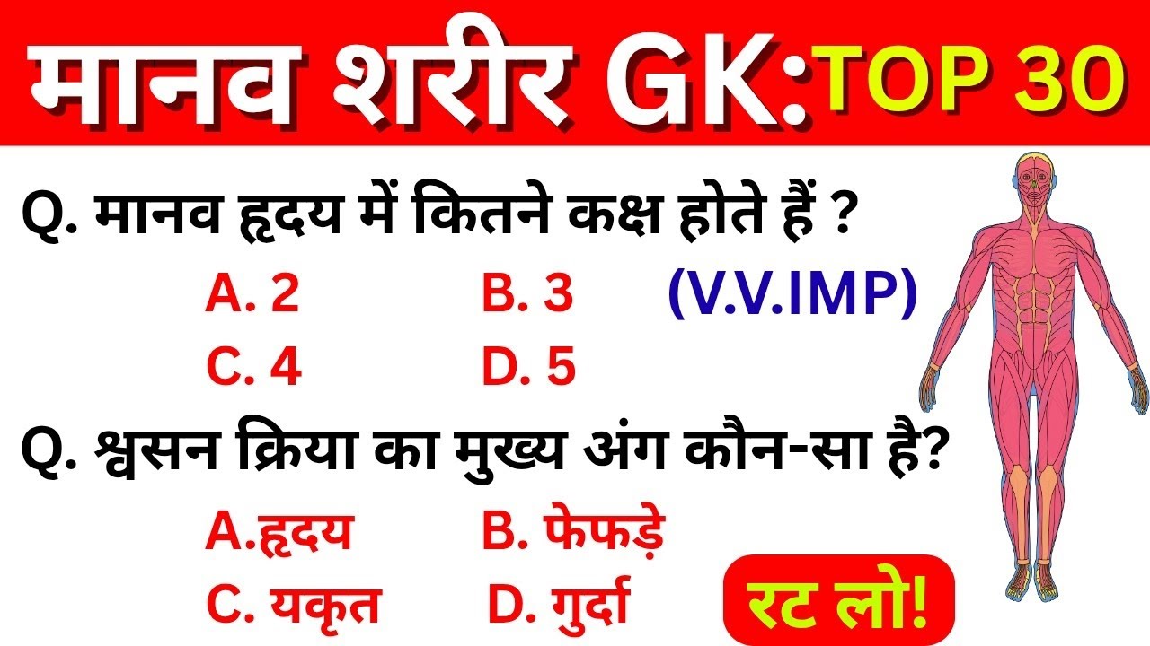 मानव शरीर महत्वपूर्ण प्रश्न GK🔥 | Human Body Important Questions | For Govt Exams (SSC, RRB, UPSC)