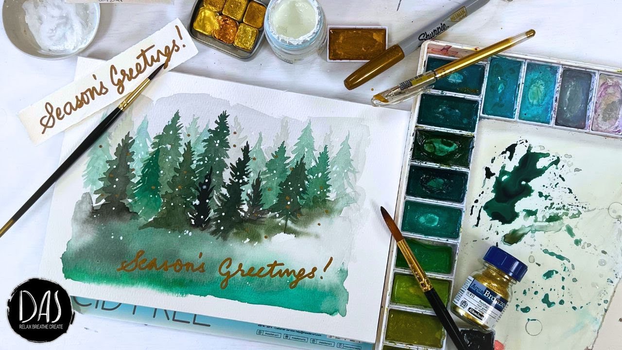 How to paint a watercolor snowy forest scene the easy way - pine trees in the snow