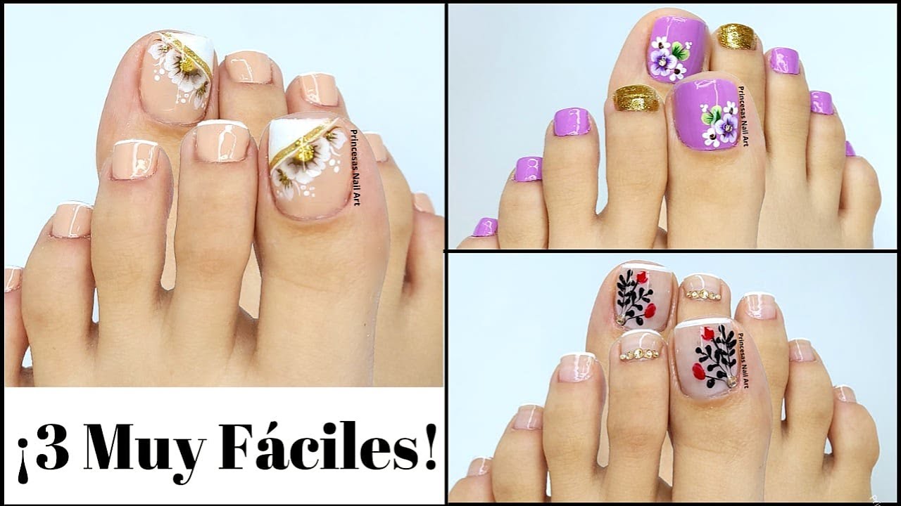 🔴😍 3 DISEÑOS a MANO ALZADA en uñas de los pies PASO a PASO con pinturas acrílicas - FRENCH y FLORES