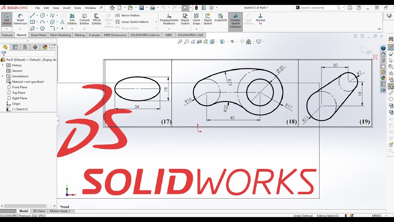 Introduction to SolidWorks Part4 - (Ellipse, Circle, Arc, Relations, Trim, mirror)