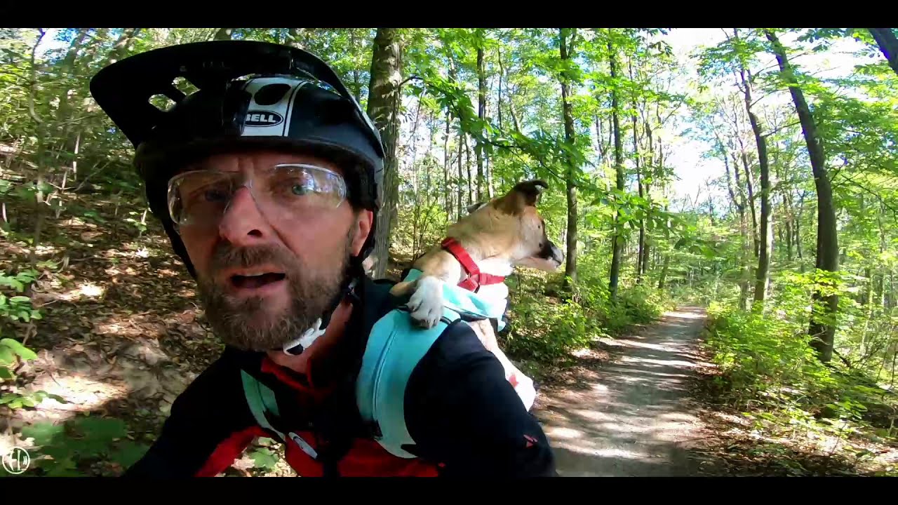 Hündin Maggie erste MTB Ausfahrt mit Herrchen im # K9 Sportsack (Hunderucksack)