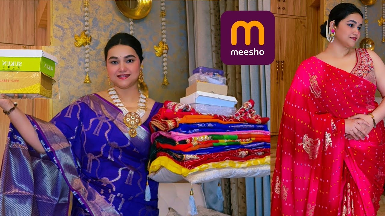 Meesho  Rs.300-Rs.1100 Wedding wear Saree, Jewellery set, Earrings & Footwear haul @PoojaRikichoyal 