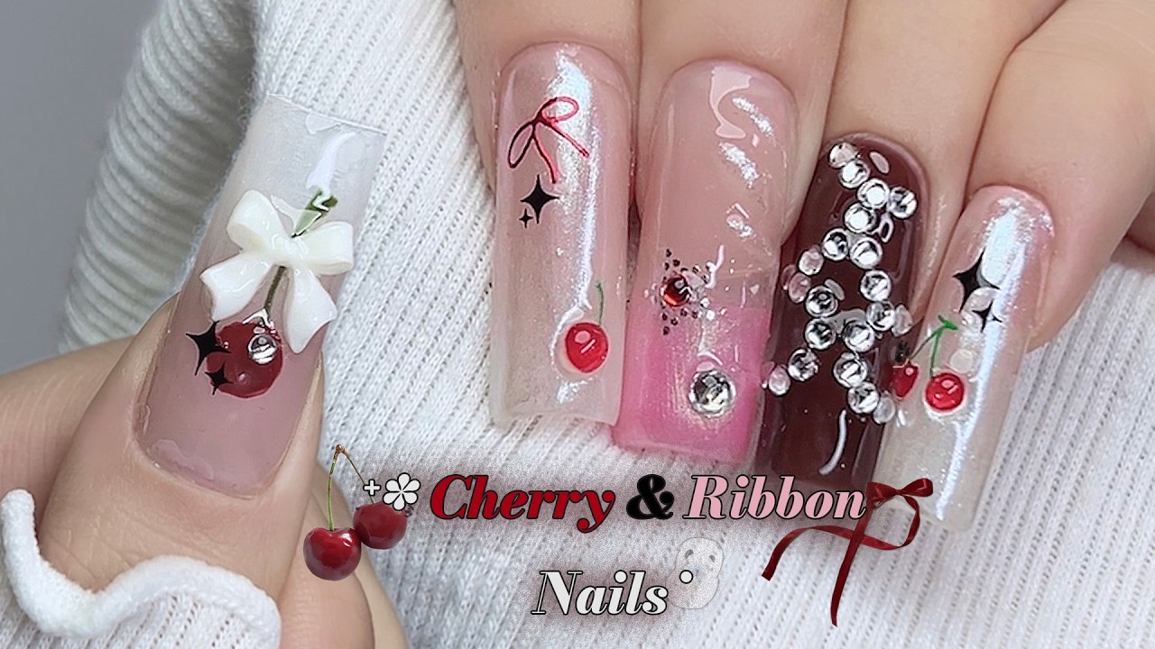 🍒체리&리본무드 셀프네일하기🎀 | 진주파우더 네일 | 체리모양 파츠 | ASMR