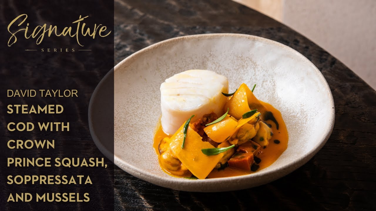David Taylor's Steamed cod with crown prince squash, soppressata and mussels