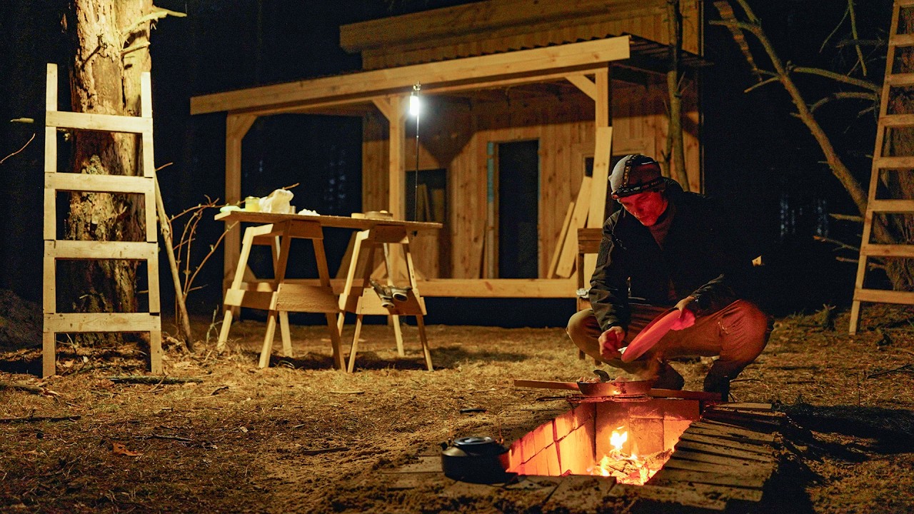 Building a Forest Cabin, Fire Pit Move & Campfire Cooking ASMR no talking