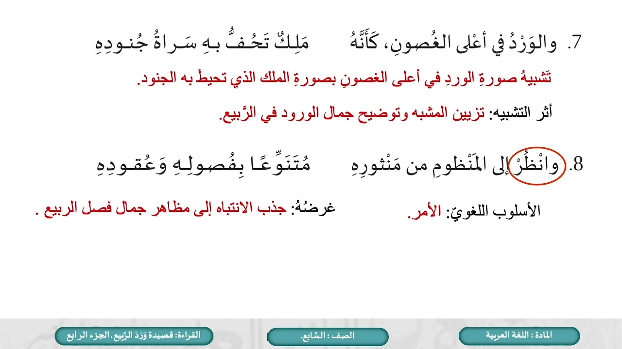 الصف السابع  اللغة العربية  ورد الربيع ج4