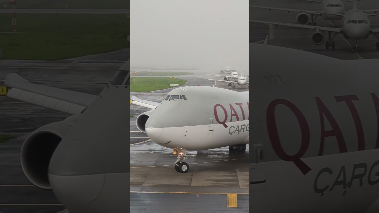 Qatar Airways Boeing 747-8 closeup in heavy rain at Mumbai Airport |Plane Spotting #shorts #aviation
