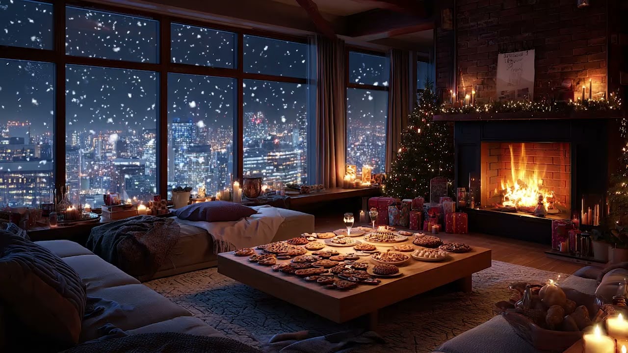 Snowy Cabin Night Piano Ambience | Fireplace Glow and Soft Snow for Peace