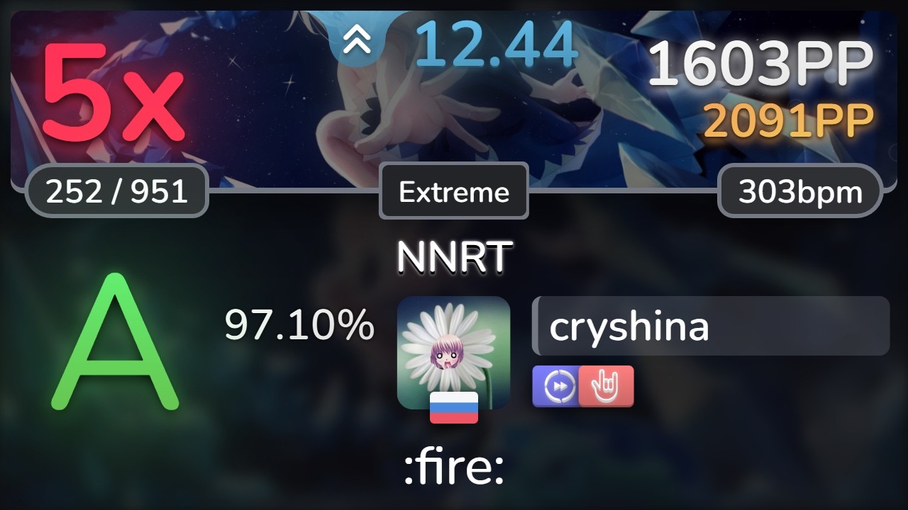 12.4⭐ cryshina | Levaslater - NNRT [Extreme] +DTHR 97.10% | 1603pp 5❌ - osu!