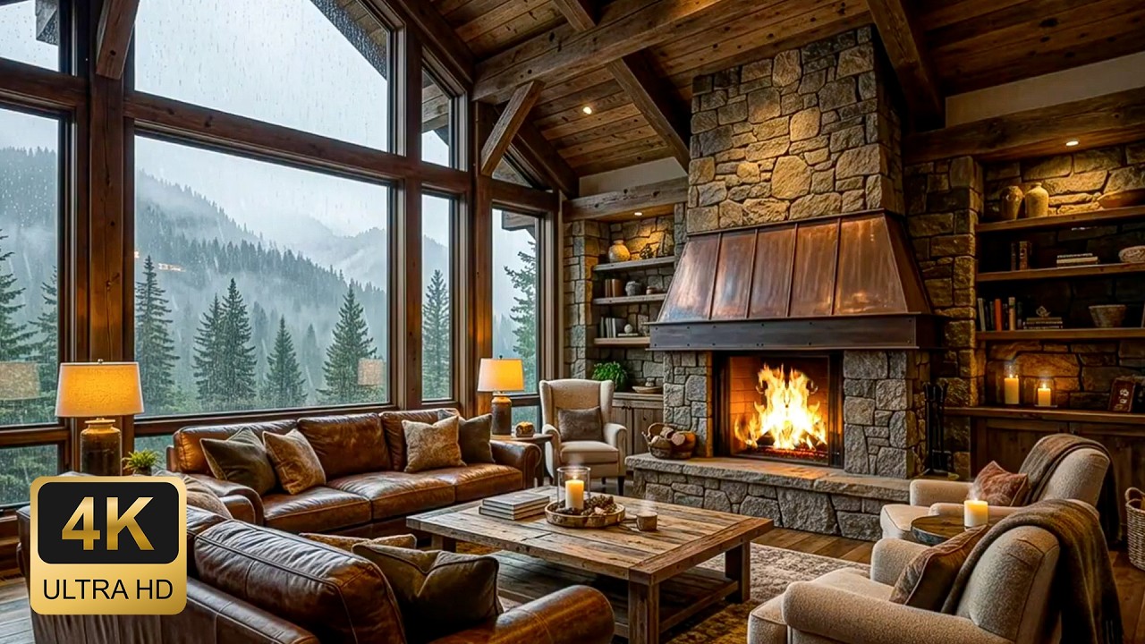 Cozy Mountain Lodge Ambience Relaxing Piano Music, Rain & Crackling Fireplace 4K
