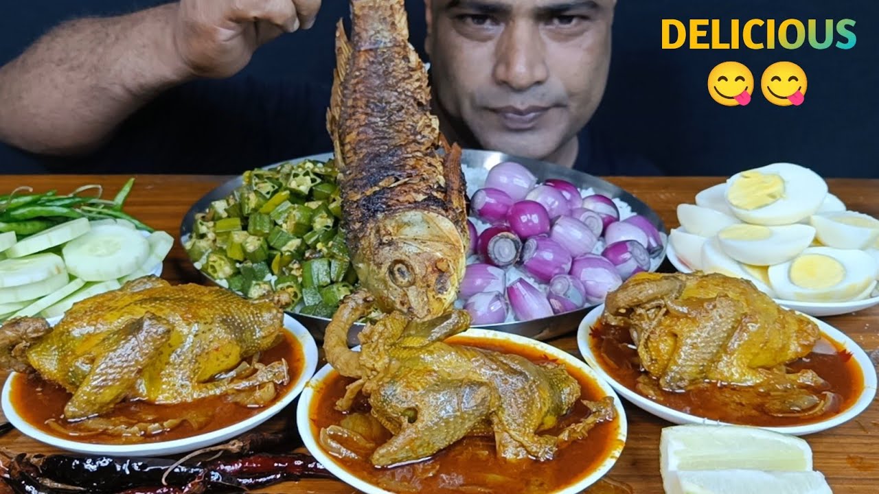 EATING WHOLE PIGEON CURRY| WHOLE FISH FRY| BOILED EGG| BHINDI FRY| ONION SALAD WITH RICE|| MUKBANG 😋
