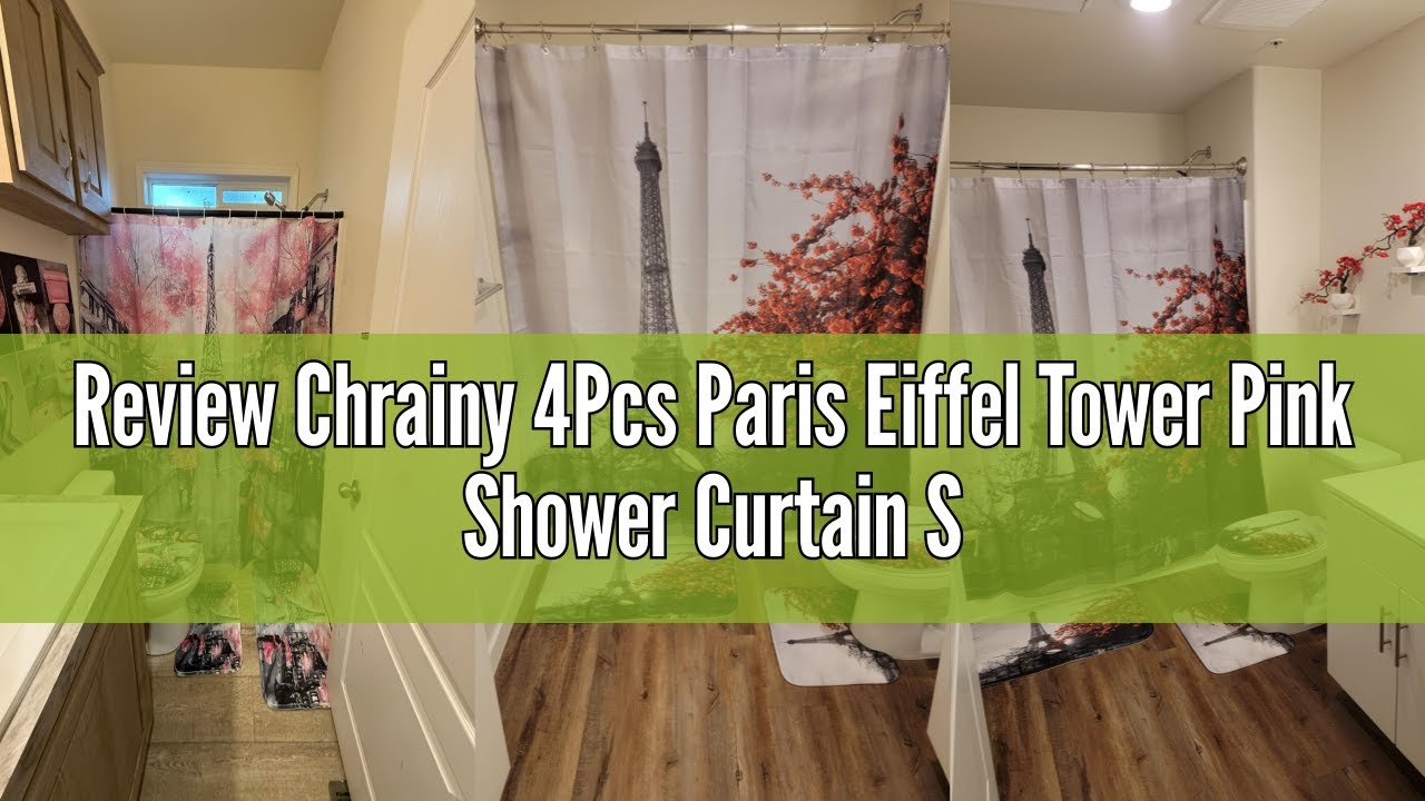 Review Chrainy 4Pcs Paris Eiffel Tower Pink Shower Curtain Sets Bathroom Set Decor with Non-Slip Rug