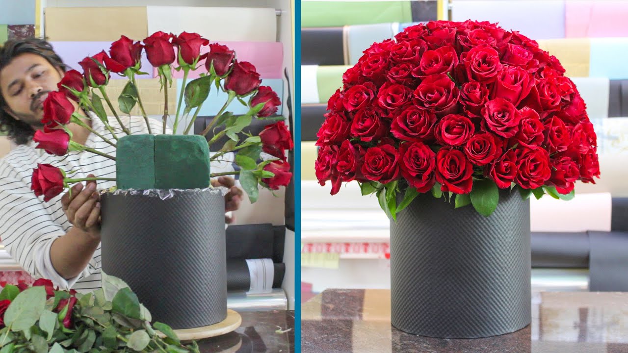 Red Roses In Round Box. How to Make a Luxury Red Rose Box Bouquet | Easy Floral Arrangement Tutorial