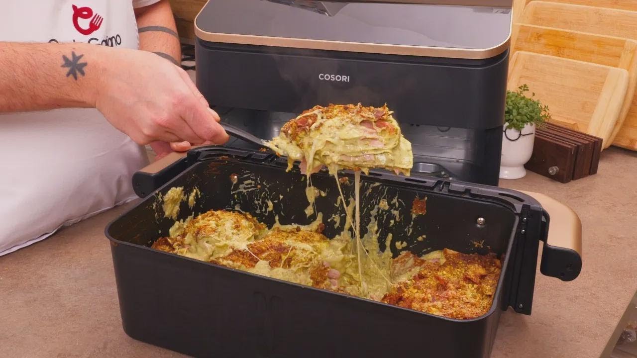 Lasagna de mortadela y pesto de pistache en freidora de aire