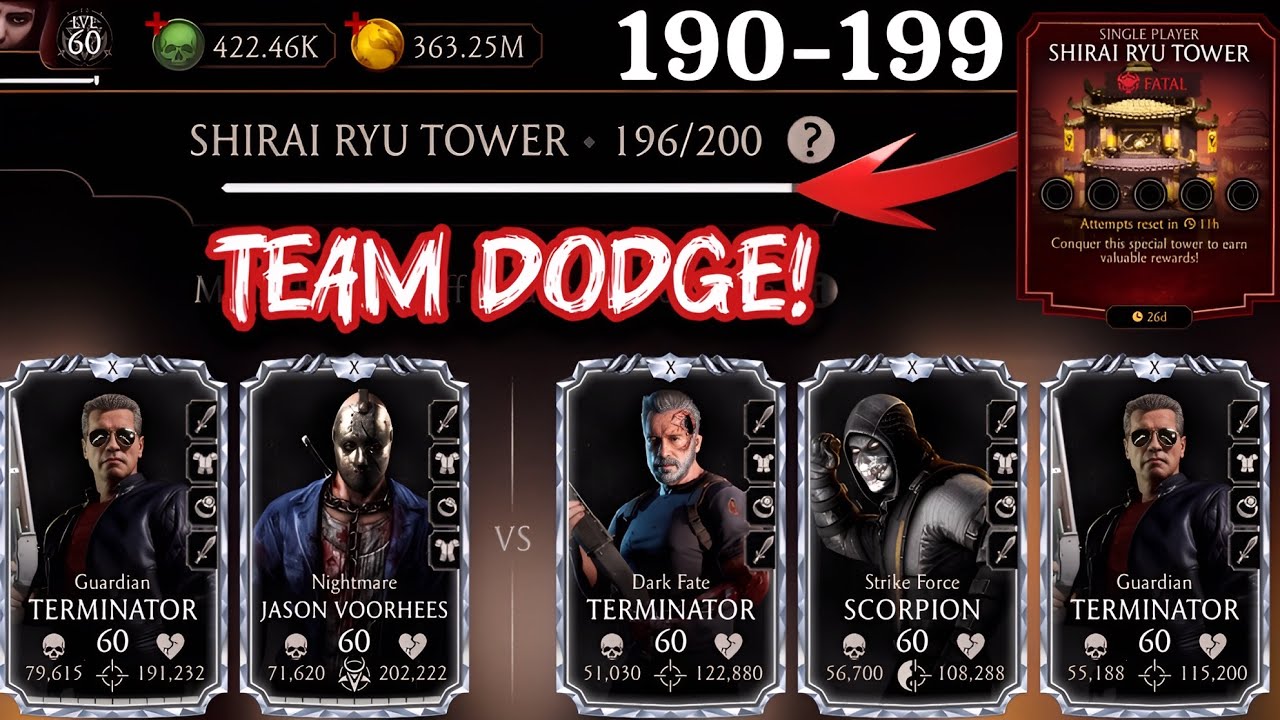 Dodge Team’s Vs Fatal Shirai Ryu Tower Hard Match 190-199 Gameplay MK Mobile 2025