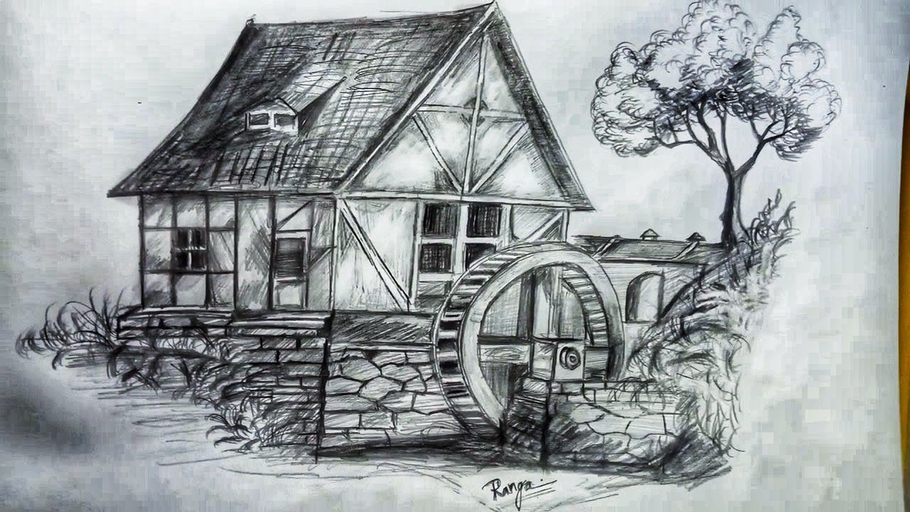 How to draw a water wheel mill.. 
graphite pencil sketch