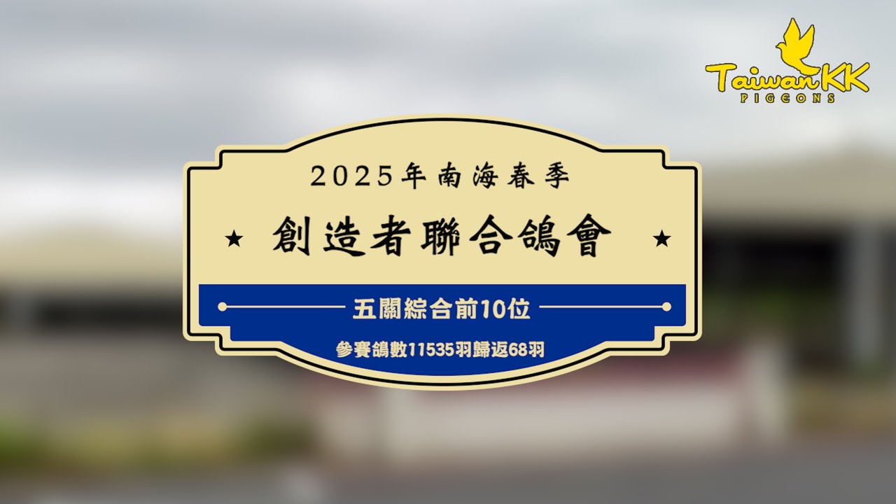 2025年南海春季高雄創造者聯合鴿會五關綜合前10位，參賽鴿數11535羽，有格歸返68羽