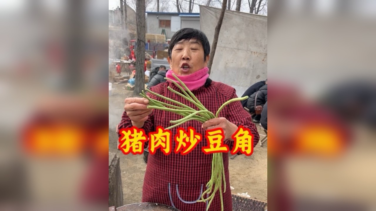 农村大集猪肉大婶15元加工一份猪肉炒豆角太棒了
