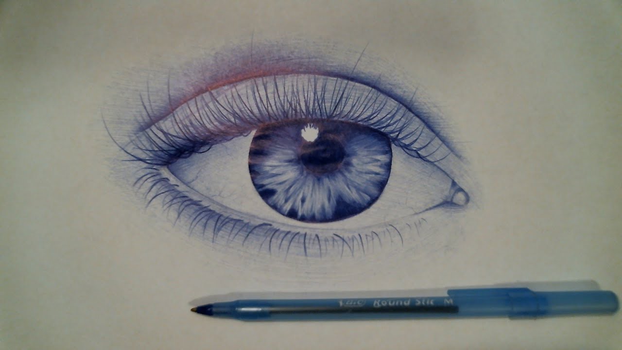 Time Lapse Drawing Eye with Blue Ballpoint Pen | Hyperrealism