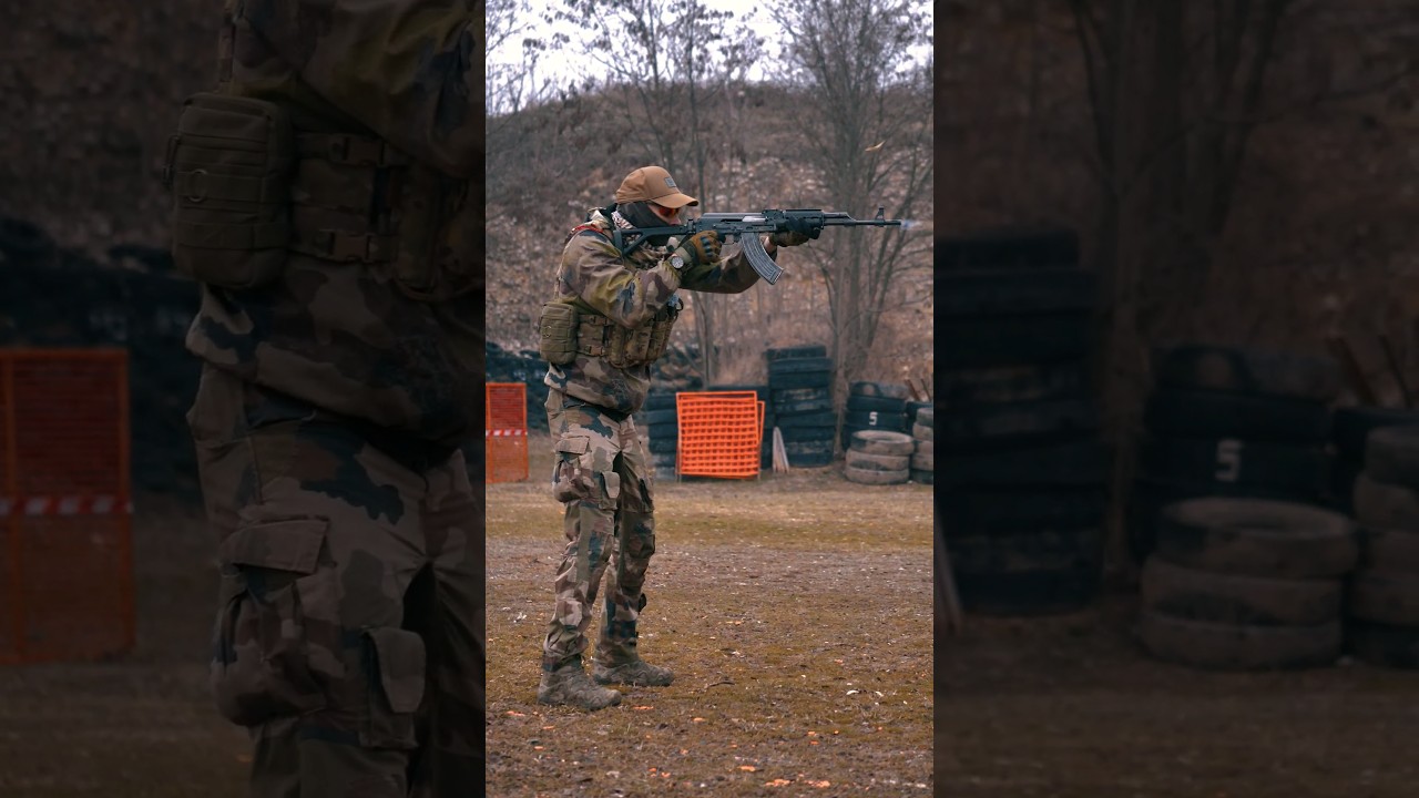 From standing to prone position while shooting with the rifle. Tactical Movement