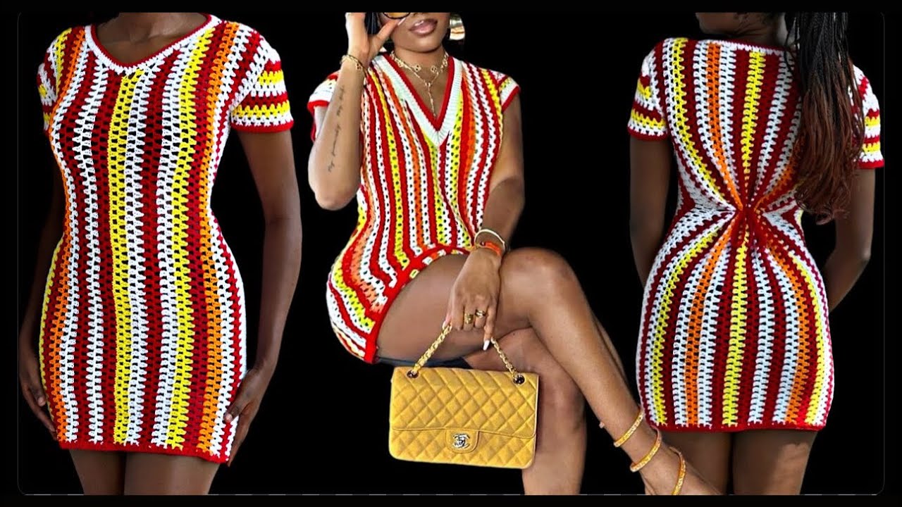 Vertical stripes crochet granny stitch multicolored v-neck dress