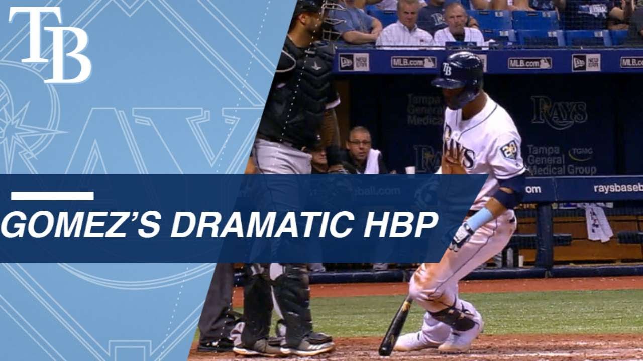 Carlos Gomez dramatically and jokingly falls to the ground after hit by pitch