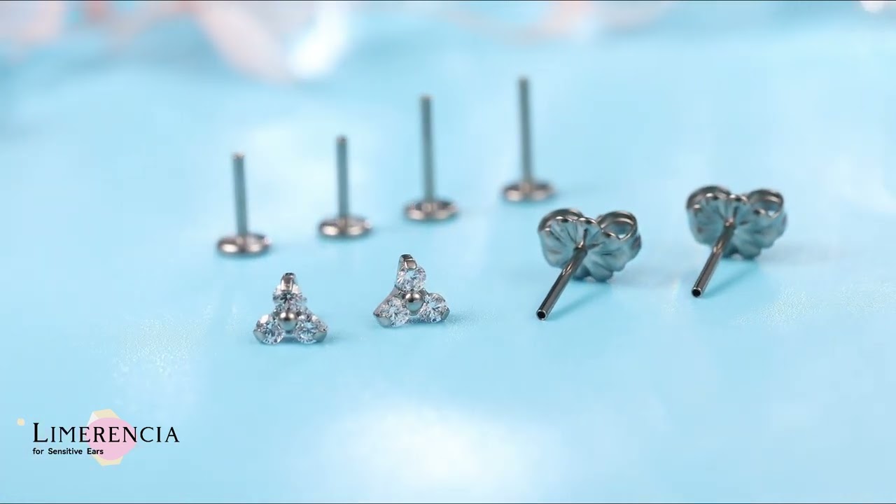Limerencia G23 Hypoallergenic 18g Flat Back Stud Earrings(Trinity CZ Silver)