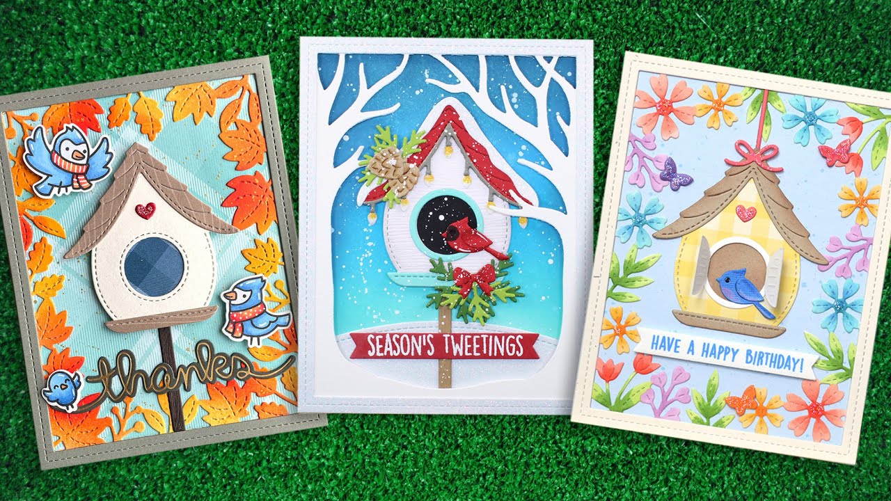 Intro to Build-A-Birdhouse & Build-A-Birdhouse Christmas Add-On + 3 cards from start to finish