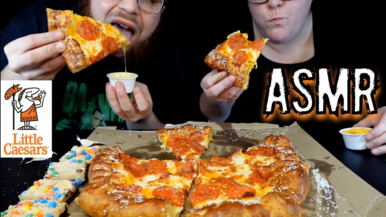 ASMR EATING LITTLE CAESARS STUFFED PRETZEL CRUST PEPPERONI PIZZA MUKBANG (PLUS BROWNIES!)