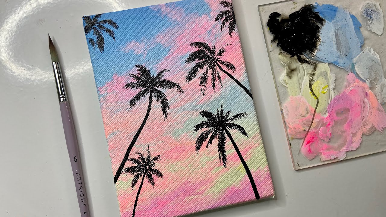 How to paint palm tree/ acrylic painting tutorial/ sunset painting for beginners
