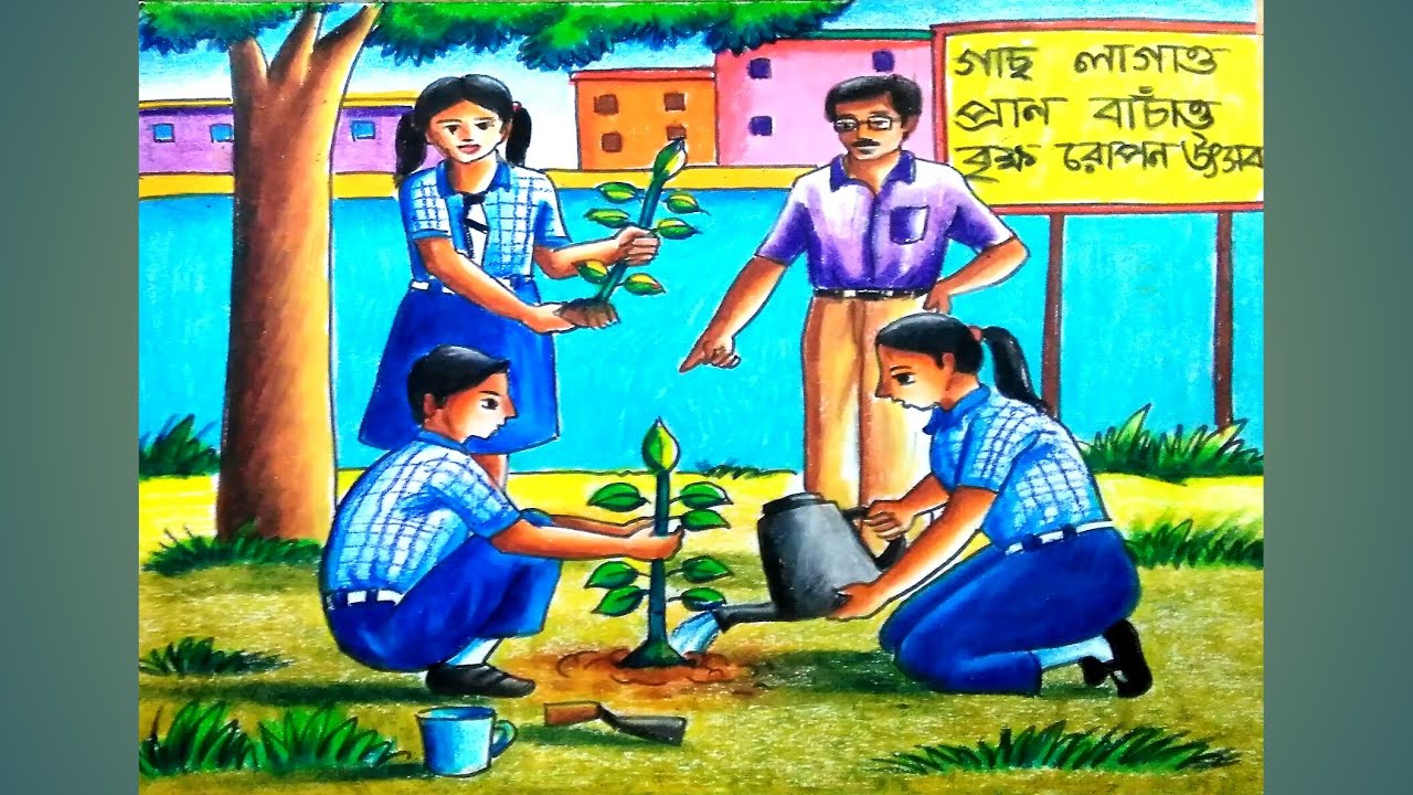 How to draw scenery of tree plantation/Tree plantation drawing easy step by step