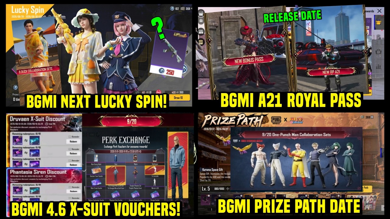 BGMI 4.6 X SUIT VOUCHERS / A21 ROYAL PASS 3D LOOK/ BGMI 4.6 LUCKY SPIN GUN / NEXT PRIZE PATH REWARDS