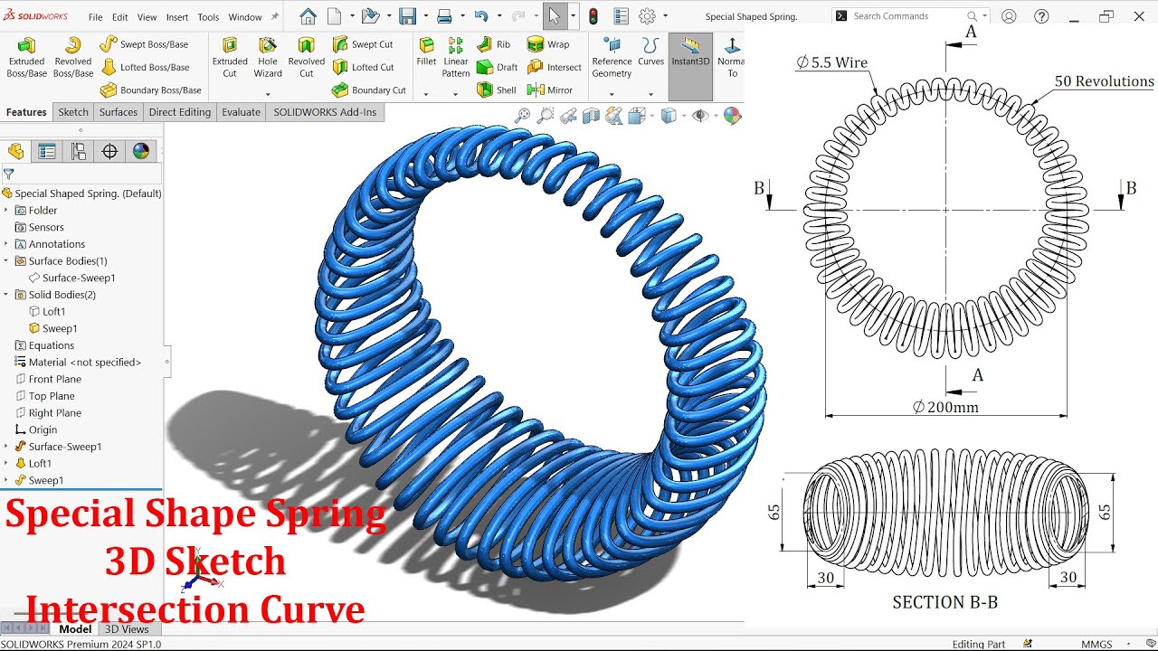 Special Shape Spring Modeling with SolidWorks Intersection Curve (3D Sketch)