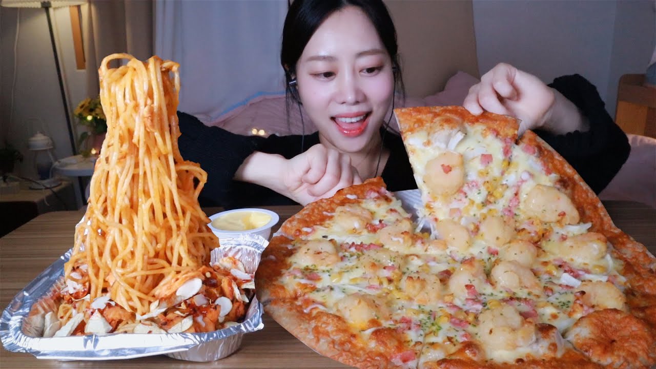 ASMR 피자마루 신메뉴 스윗하새우 피자 불닭스파게티 먹방 !! (Pizza & Spicy Noodle Mukbang Eatign sounds)