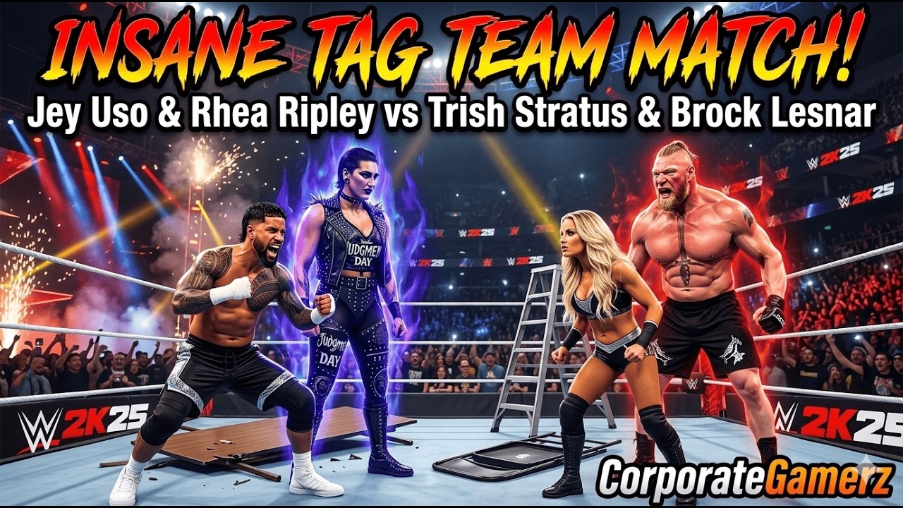 INSANE TAG TEAM WAR! 🔥 Jey Uso & Rhea Ripley vs Trish Stratus & Brock Lesnar | WWE 2K25