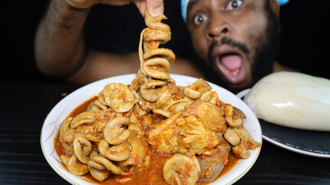 Asmr Pork Intestines,Liver,Pork Ribs Nigeria Pepper Soup with Pounded Yam. African food mukbang.