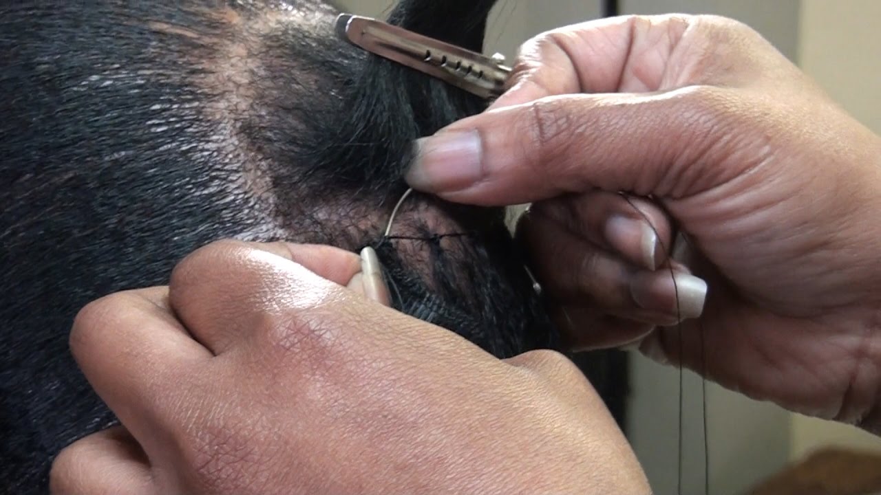 Braidless Sewn In on Short Hair with nylon thread