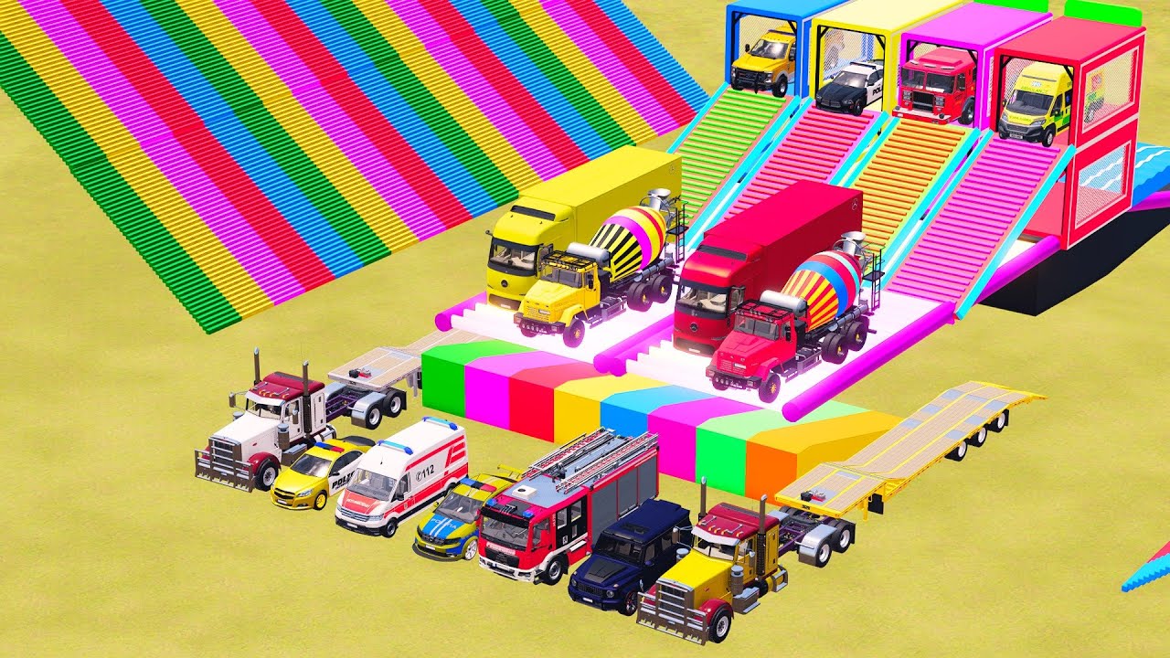 TRANSPORTING POLICE CARS, AMBULANCE, FIRE TRUCK, COLORFUL CARS WITH TRUCK FARMING SIMULATOR 22 #26