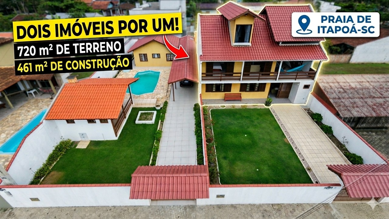 DOIS IMÓVEIS pelo PREÇO DE UM! Sobrado-Triplex + Casa com PISCINA no CENTRO de ITAPOÁ-SC