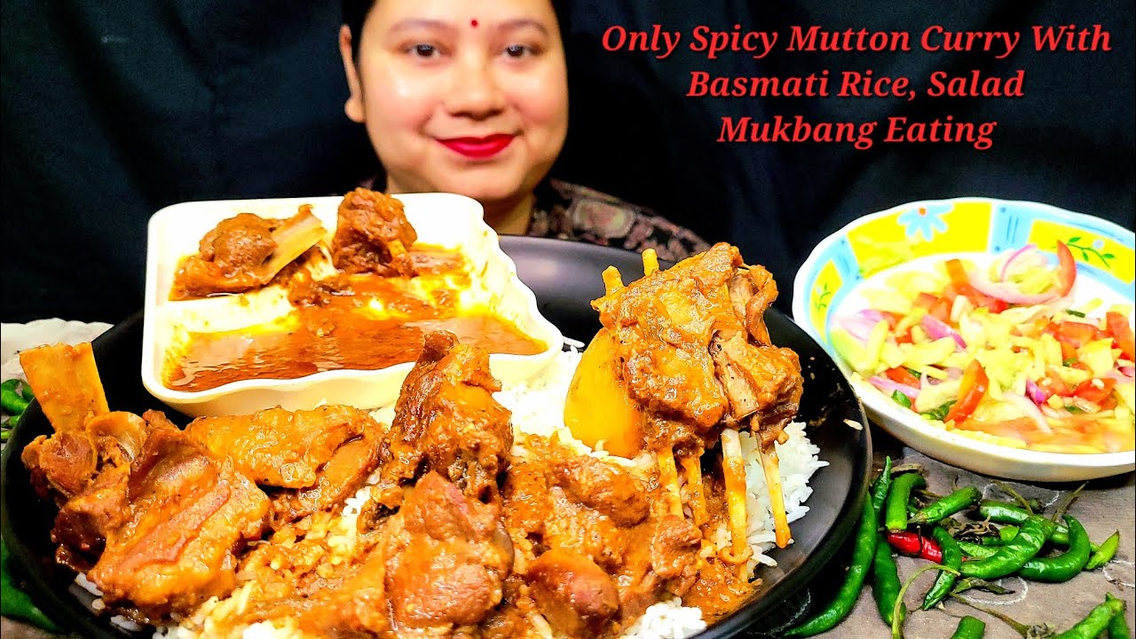 Asmr Eating Only Hot Basmati Rice And Huge Spicy Mutton Curry,Salad|Mutton  Gravy|Bigbites|Mukbang🔥🥩